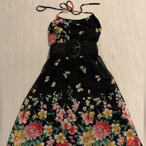 Floral, summer dress, halter/spaghetti tie neck, backless